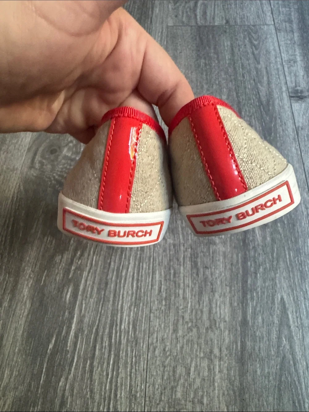 Tory Burch Canvas Ballet Flat with Red Patent Toe